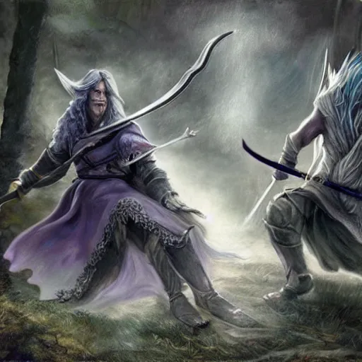 Image similar to Gandalf fighting Sylvanas, photorealistic