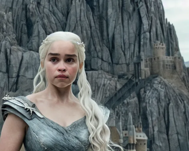 Prompt: Daenerys the Stormborn visit Hogwarts, film still, best shot, very long shot, 8K Imax