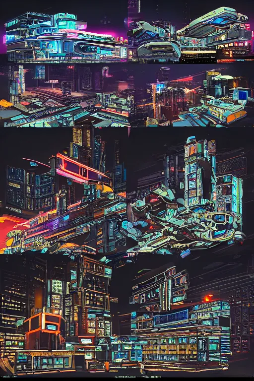 Image similar to cyberpunk buildings with a flight vehicle glowing in the sky, neon sign, bottom view, wide shot, bladerunner, pixiv