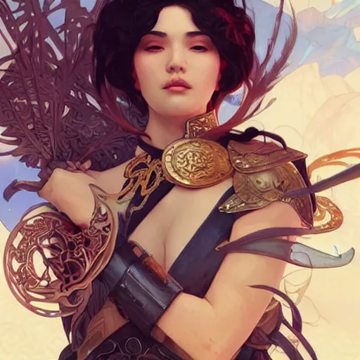 Image similar to breathtaking epic fantasy portrait of a female fighter in epic fantasy arena,, sunny weather, intricate, matte, sharp focus, illustration, art by Artgerm and Hsiao-Ron Cheng and Alphonse Mucha,, RPG portrait