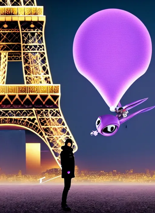 Prompt: purple alien wearing white puffer jacket, in paris, they hold a model ufo, anime frame, beautiful composition,