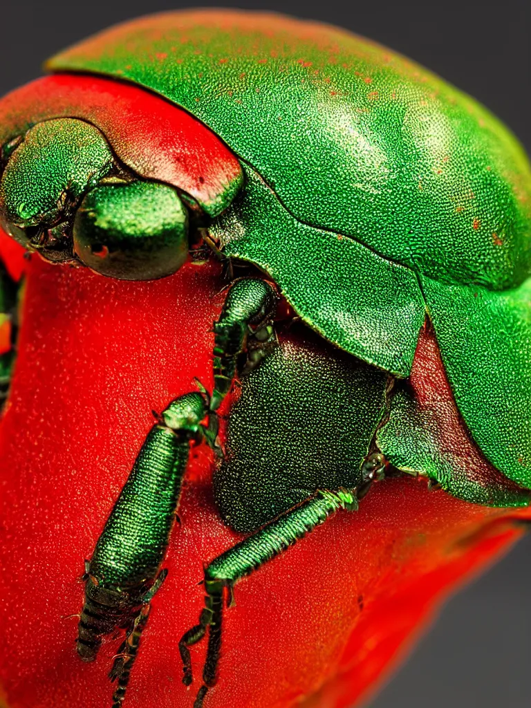 Image similar to subsurface scattering. close - up shot of a beautiful red white and green beetle. insect eyes. complementary color scheme. studio photography high quality highly detailed award winning photograph by national geographic. lynda benglis soft volumetric light, smooth gradient.