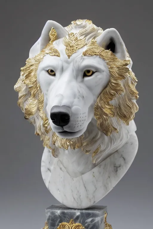 Image similar to a white marble bust of a wolf with gold filigree