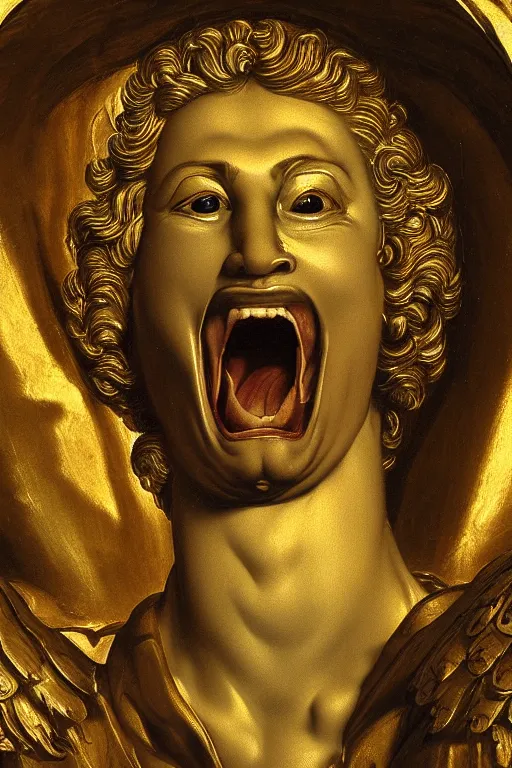 Image similar to archangel Michael, screaming face, closeup, ultra detailed, made in gold, Guido Reni style