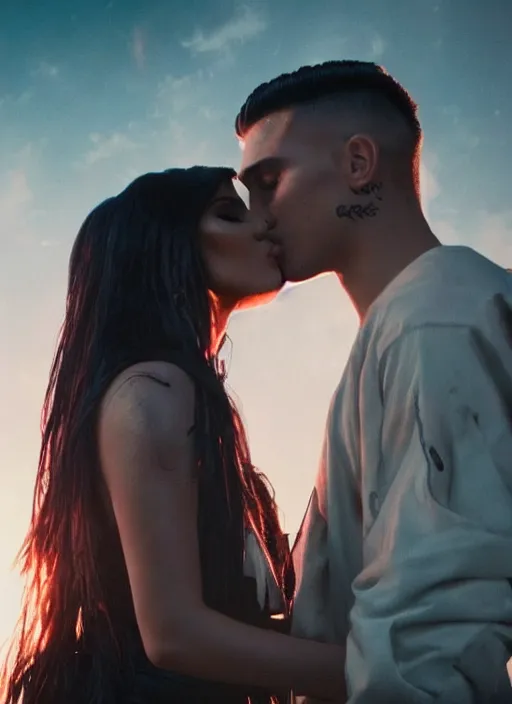 Image similar to film still of kylie Jenner kissing kim kardashian romanticly, scenic cyberpunk city backround, cinematic lighting, cinematic