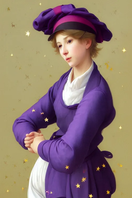 Image similar to Full View girl with short blond hair wearing an oversized purple Beret, Baggy Purple overall shorts, Short Puffy pants made of silk, silk shoes, a big billowy scarf, Golden Ribbon, and white leggings Covered in stars. Short Hair. masterpiece 4k digital illustration by Ruan Jia and Mandy Jurgens and Artgerm and william-adolphe bouguereau, award winning, Artstation, art nouveau aesthetic, Alphonse Mucha background, intricate details, realistic, panoramic view, Hyperdetailed, 8k resolution, intricate art nouveau