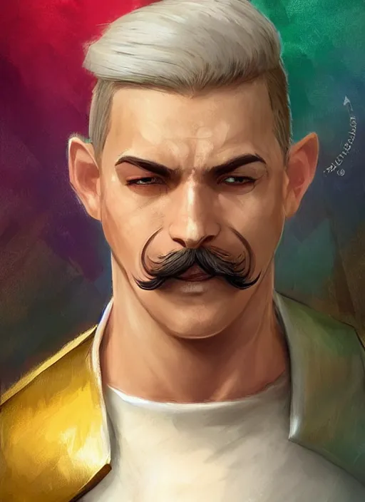 Prompt: young man with short white combover hair and moustache, dndbeyond, bright, colourful, realistic, dnd character portrait, full body, pathfinder, pinterest, art by ralph horsley, dnd, rpg, lotr game design fanart by concept art, behance hd, artstation, deviantart, hdr render in unreal engine 5