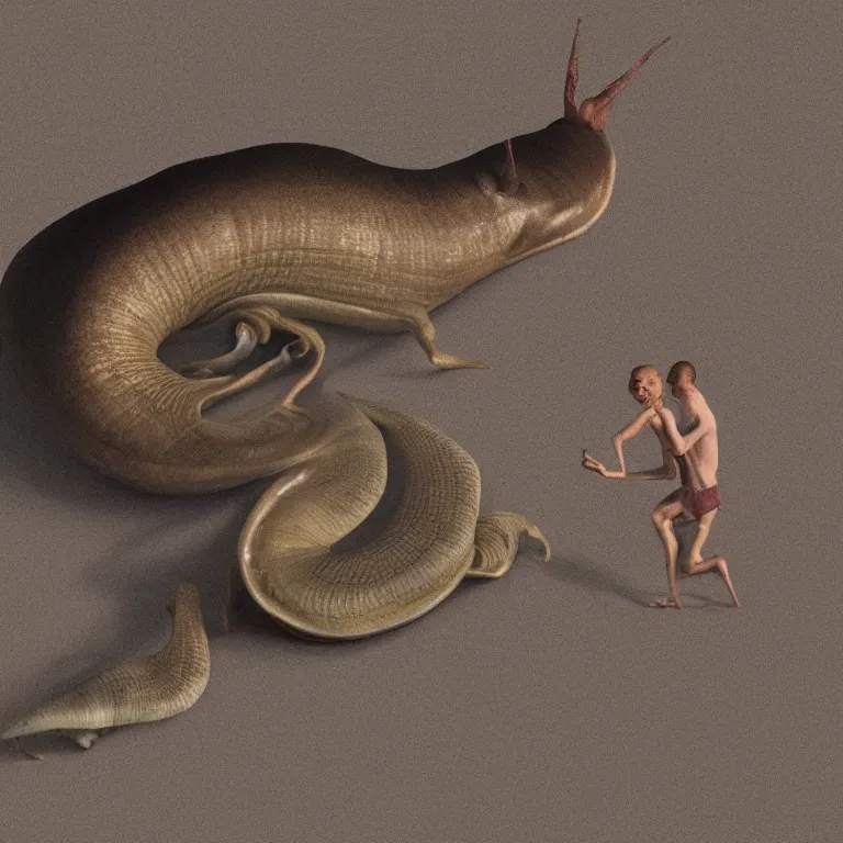 Prompt: a slug consuming a human, 4k, photorealistic