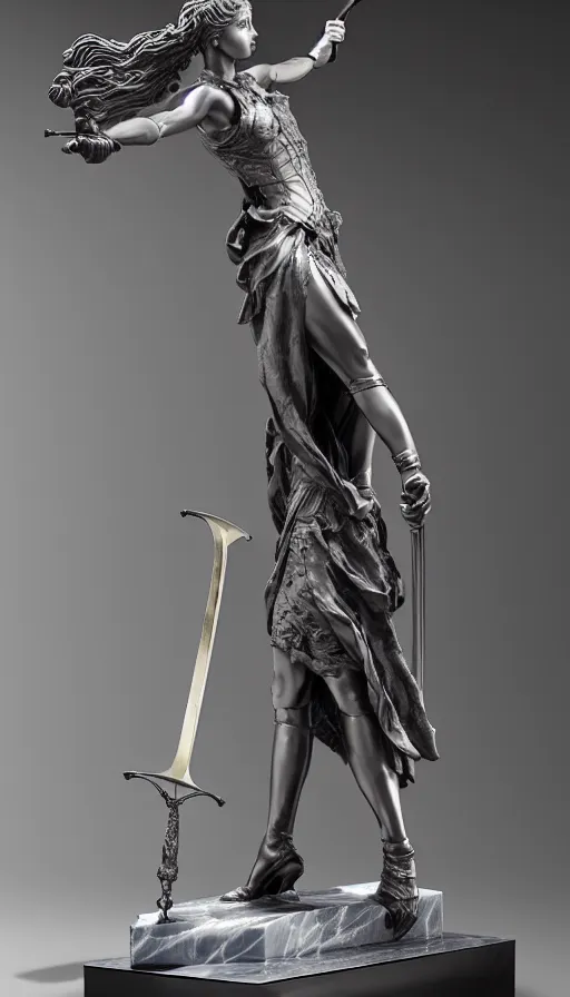 Image similar to a statue of a woman holding a sword, a marble sculpture by ayami kojima, cgsociety, les automatistes, made of plastic, made of liquid metal, marble sculpture