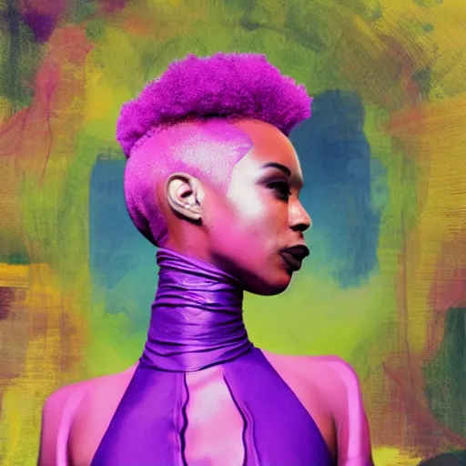 Image similar to a woman with pink hair wearing a purple dress, an album cover by Hedi Xandt, featured on tumblr, afrofuturism, made of rubber, made of plastic, elite