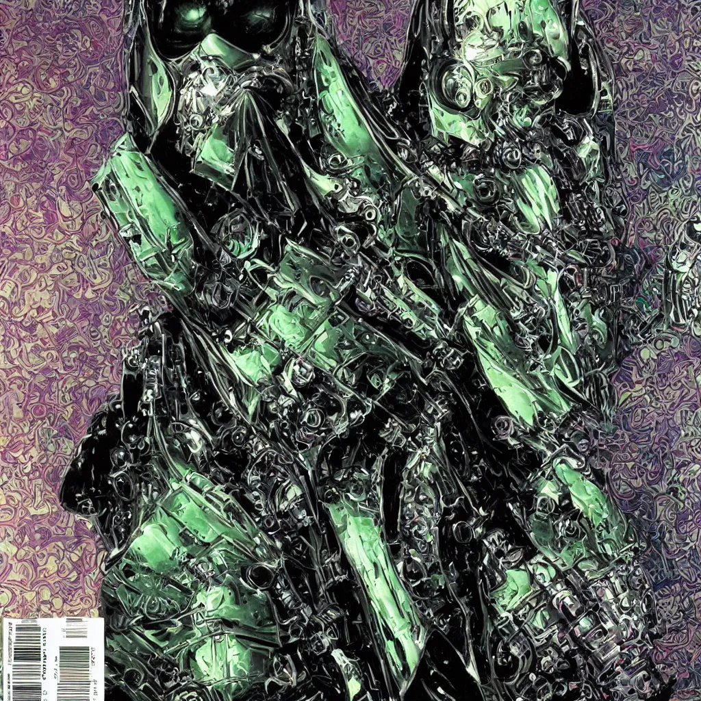 Prompt: A dramatic full-color close-up cyber-nouveau bust portrait of a hooded Doctor Doom in hyperdetailed shining armor by Chris Bachalo and Michael Golden, highly detailed, 8k, sparse dark atmosphere, perfect full color line art, perfect muscle structure, highly hyperdetailed and precisely designed, perfect symmetry, futuristic, dystopian, full color, Marvel Comics 1999, dim lights, high technical detail