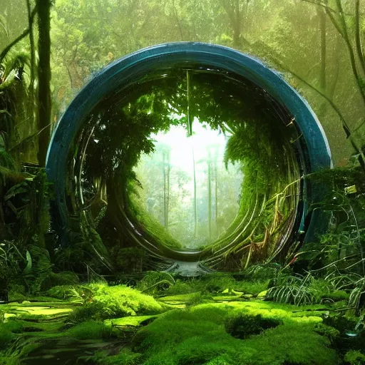 Image similar to overgrown derelict portal in a middle of a lush futuristic forest, green lush world seen only through a portal, daylight, cinematic lighting, blue sky, syd mead, john harris