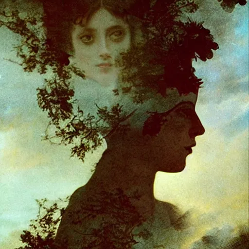 Prompt: double exposure portrait of a beautiful short dark haired feminine queen, floral composition, silhouettes of windy trees, by leonard de vinci, double exposure, by eugene delacroix