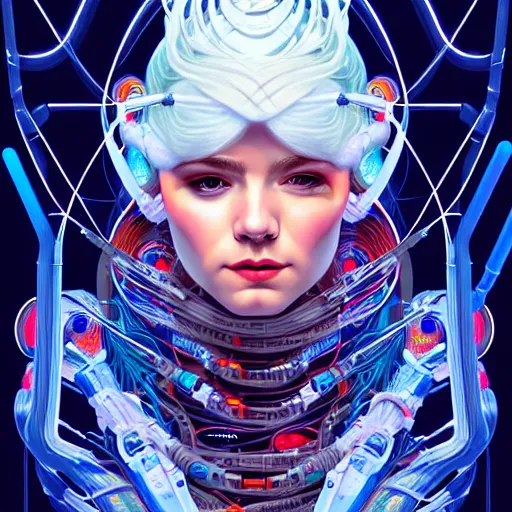Prompt: high quality, high detailed portrait of a snow queen cyberpunk character in a futuristic world, tristan eaton, victo ngai, artgerm, rhads, ross draws, hyperrealism, intricate detailed, cables, wires, connectors, led. alphonse mucha, pastel colors, vintage, artstation, vector. 8 k