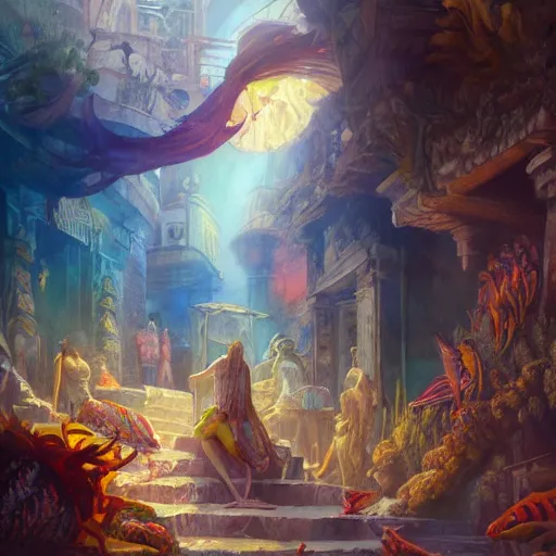 Image similar to a beautiful and vivid and colorful and chiaroscuro Grzegorz greg rutkowski watercolor painting of an ancient greek market with a yellow mermaid and fish and treasure and a bioluminescent coral garden underwater trending on artstation hq