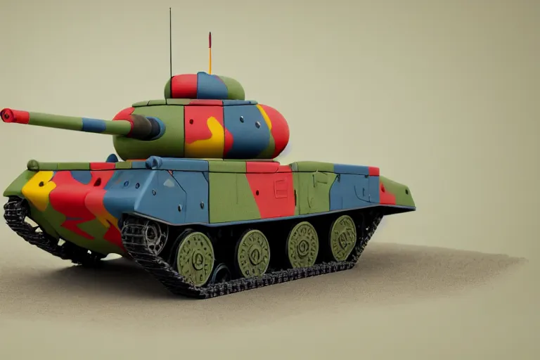 Prompt: product photo of life sized toy military tank made by fisher price, colorful plastic, high quality, intricate detail, realistic textures, octane render, unreal engine 5, hyperrealism