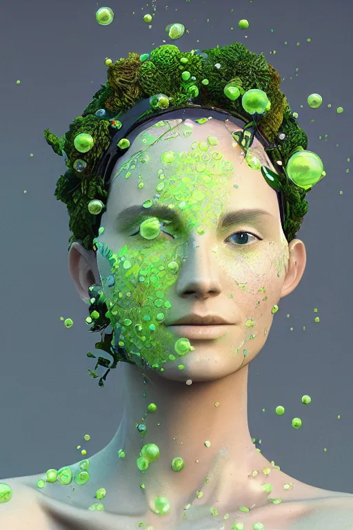 Prompt: trans model, vine headdress, moss patches, 2 0 mm, with pastel yellow and green bubbles bursting, voronoi, melting into past selves, delicate, beautiful, intricate, houdini sidefx, by jeremy mann and ilya kuvshinov, jamie hewlett and ayami kojima, bold 3 d