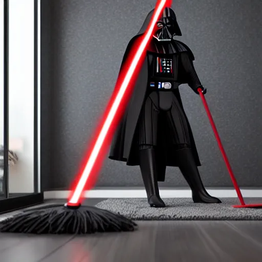 Image similar to Darth Vader mopping the house, photo realistic, award-winning, highly-detailed