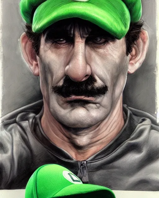 Image similar to portrait of real life super luigi, green cap, gritty, dark, beautiful, very detailed, hyperrealistic, medium shot, very detailed painting by Glenn Fabry, by Joao Ruas