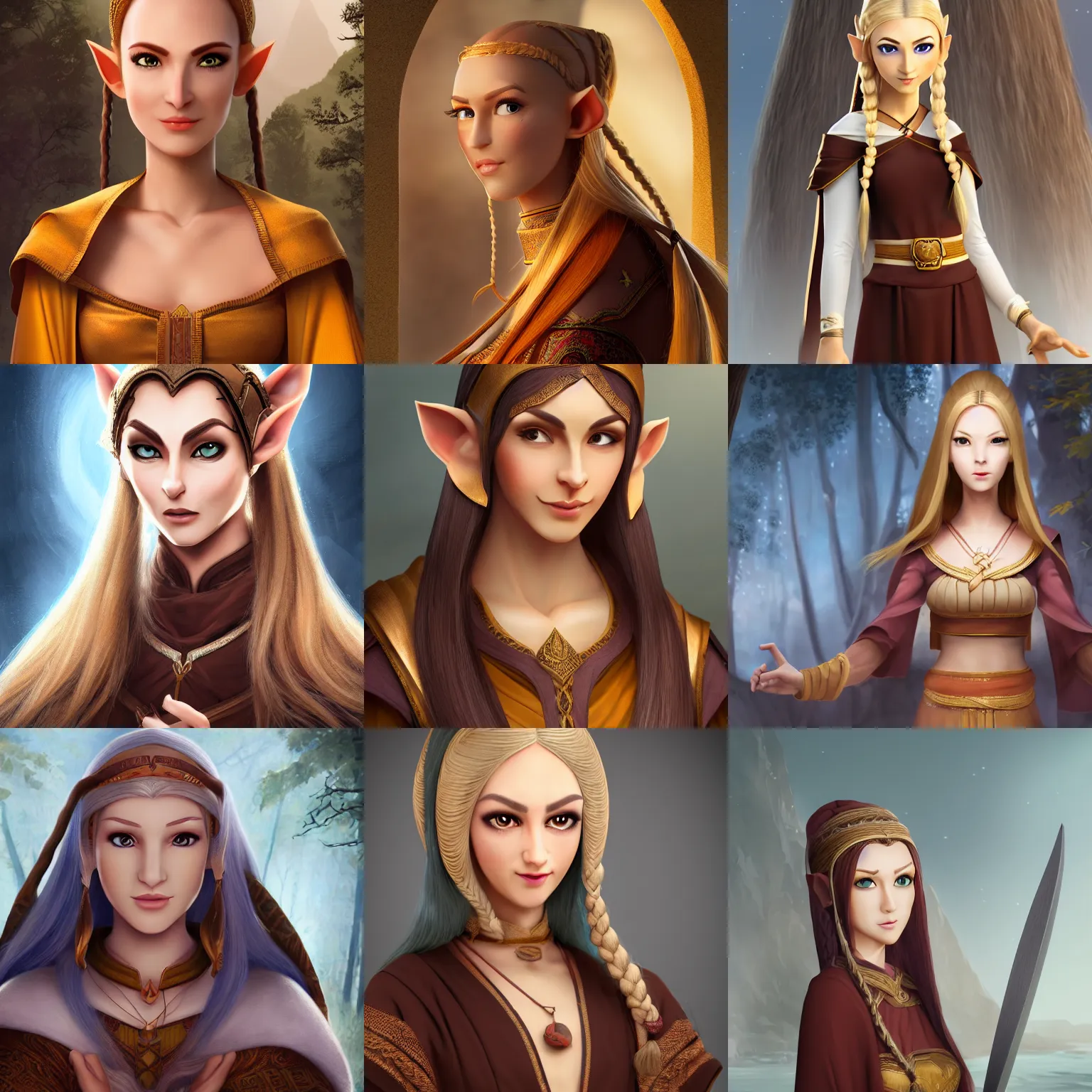 Prompt: tall female half elf with short ears, long blonde single braided hair, almond shaped dark brown eyes with long lashes, big forehead with a round tapered face, sharp nose with rounded edges, full lips, monk clothes, full body illustration, character art, character design, 4 k, 8 k, unreal render