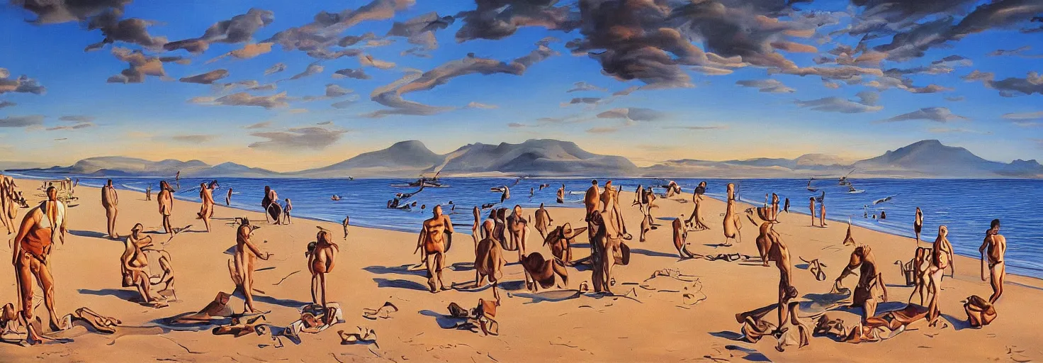 Image similar to People in beach by Salvador Dali and Bob Ross collaboration, mural, sun set, digital art, high details