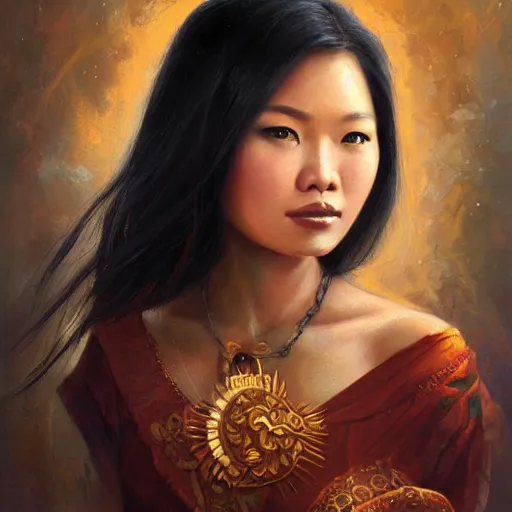 Image similar to portrait of an indonesian woman, an oil painting by ross tran and thomas kincade