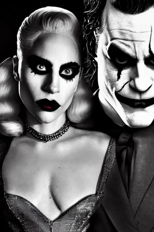 Prompt: joaquin phoenix joker with harley queen lady gaga, photorealistic, ultrarealistic, smooth, 4 k, aesthetic lighting, baroque object, sharp focus, hyperdetailed, professional photography, pullitzer winning, 8 0 0 photo by : canon eos 5 d mark iv, by karah mew and adnan abidi and jodie bateman and ansel adams