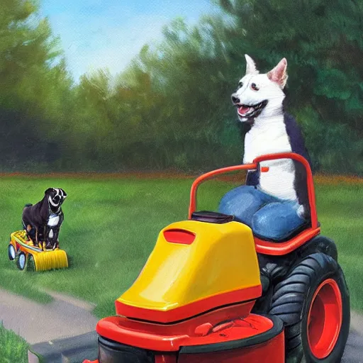 Prompt: oil painting of rover riding the mower and people moving over, high detail