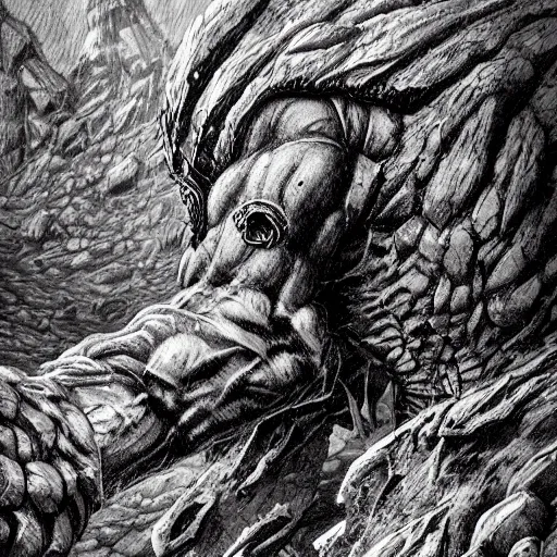 Prompt: giant rock monster, medieval, fiend, toned, realistic shading, fantasy, highly detailed, hd, concept art, focus, textures, shredded, black and white ink painting by kentaro miura