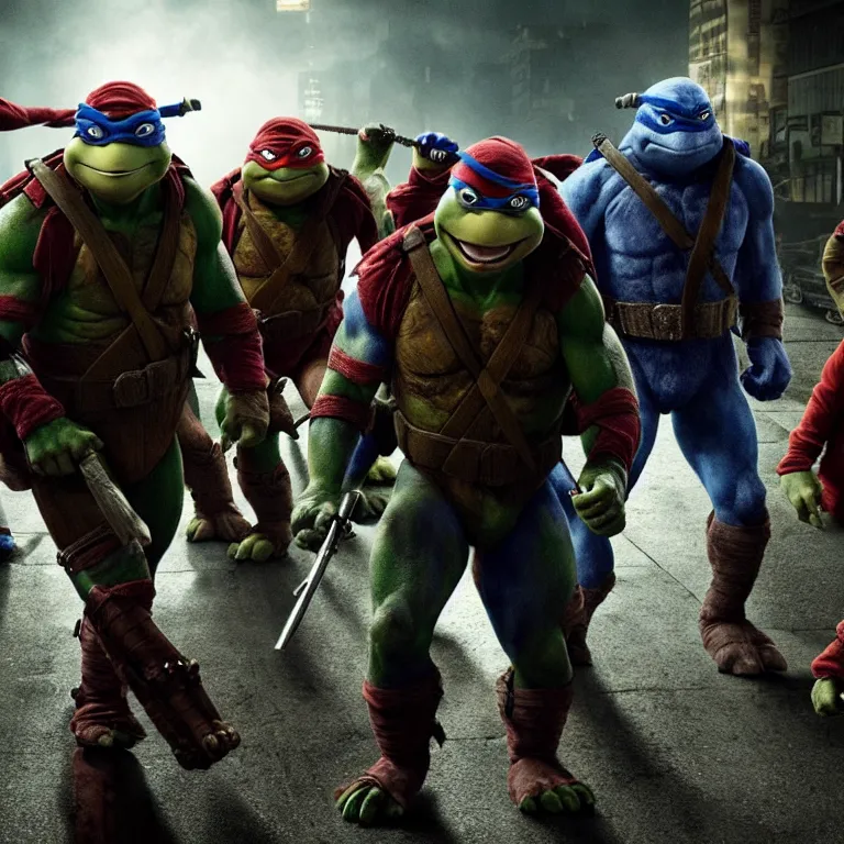 Image similar to hyper realistic teenage mutant ninja turtle movie still, gritty, realistic, noir, fight scene,