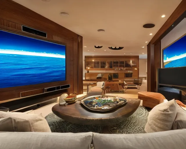 Image similar to A modern living room in the middle of the ocean, a luxurious wooden coffee table with large seashells on it, A huge television, amazing detail, 8k resolution, blue color, calm, relaxed style, harmony, wide angle shot