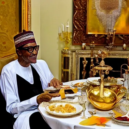 Prompt: president muhammadu buhari eating at a regal buffet facial details beautiful setting elegant event nigerian party minimalist gold ornaments iridescent lighting glamour in the style of edward hooper and henri matisse yinka shonibare oil painting