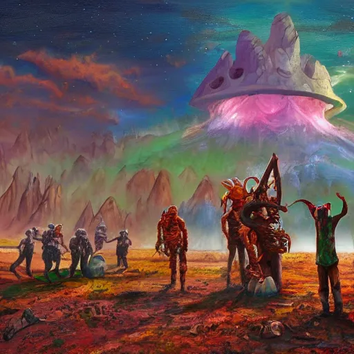 Image similar to extraterrestrial farmers on ancient post - apocalyptic planet, jim henson creature shop, vivid and colorful, cinematic, oil painting, highly detailed, illustration