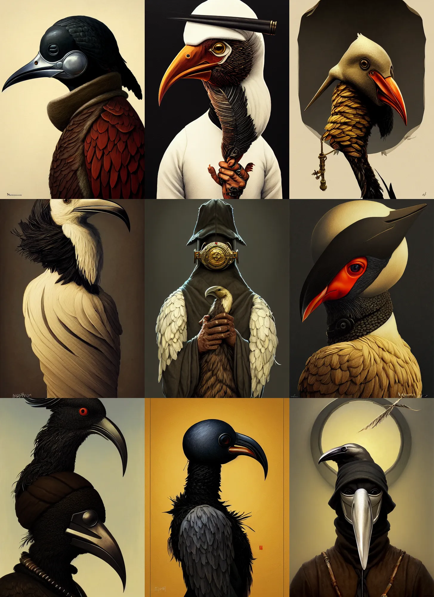 Prompt: rpg! profile! portrait of humanoid bird on white background, beak, feathers, plague doctor, intricate, highly detailed, digital painting, artstation, concept art, smooth, sharp focus, illustration, art by norman rockwell emiliano ponzi andrey remnev yoann lossel aaron jasinski, 8 k