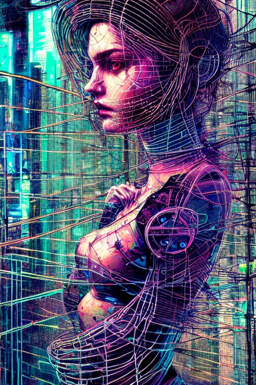 Image similar to dreamy cyberpunk girl, abstract wire clothes, digital nodes, beautiful woman, detailed acrylic, grunge, intricate complexity, by dan mumford and by alberto giacometti, peter lindbergh, zac retz