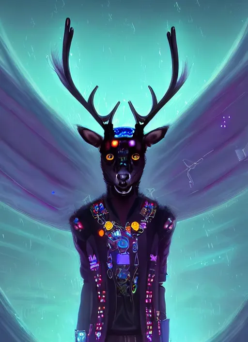 Image similar to award winning beautiful portrait commission of a male furry anthro Black Reindeer cyberpunk fursona with a tail, wings, wings, wings and a cute beautiful attractive detailed furry face wearing a crown, stylish black and rainbow galaxy clothes, outline, in a cyberpunk city at night while it rains. Character design by charlie bowater, ross tran, artgerm, and makoto shinkai, detailed, inked, western comic book art