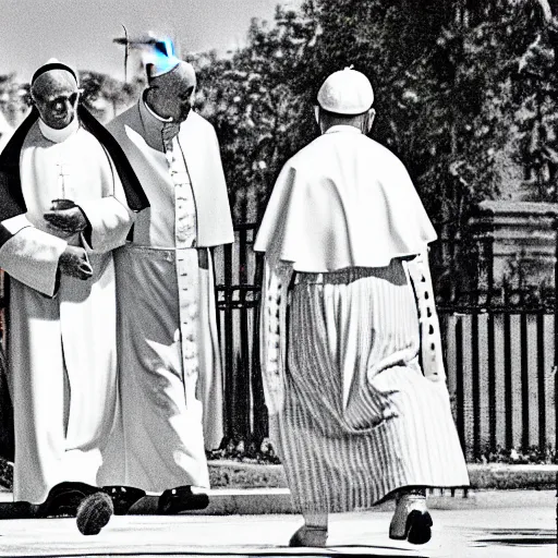 Prompt: priest, pope, jackal, [ nun ], walking down the road,