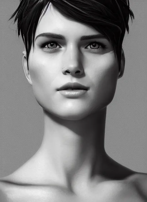 Image similar to up close portrait of a beautiful woman in black and white, photorealistic, pixie cut, intricate hair, upper body, art by diego fazio and diegoKoi and oscar Ukono, concept art, sharp focus, artgerm, 8k highly detailed