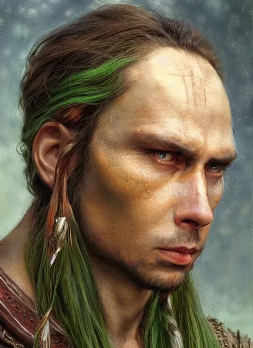 Image similar to a shaman in his twenties with long light brown hair tied back, light green eyes, a large forehead, a widows peak and a round face with high cheekbones and full lips as a realistic d & d fantasy character, portrait art by donato giancola and greg rutkowski, vintage retro, realistic face, digital art, trending on artstation