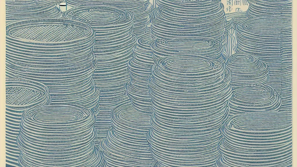 Image similar to stacks of saucepans that were fitting I to each other like russian rolls, while my family gathered around, flat design, screen print by Kawase Hasui and dan hillier, 8k