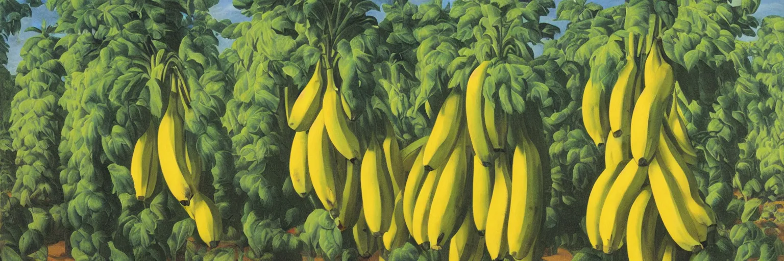 Prompt: banana plantation oil painting magritte