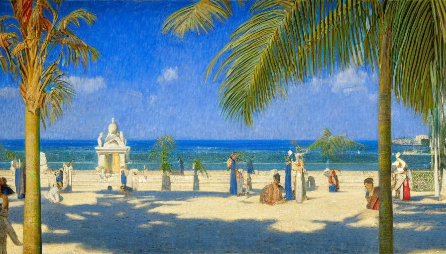 Image similar to a ultradetailed beautiful painting of the amazonas palace balustrade designed by jules bastien - lepage, tarsila do amaral, frank weston and gustave baumann, beach, trending on artstation, mediterranean, palm trees, sharp focus, colorful refracted sparkles and lines, soft light, 8 k 4 k