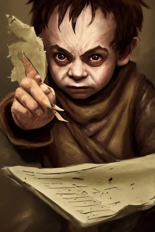 Image similar to A deranged tiny filthy halfling wearing long dark damaged ripped robes showing a magic paper scroll, camera looking down upon, long fingernails, unclipped fingernails, sharp fingernails, focus on face, sharp focus, digital painting, trending on artstation, concept art, fantasy, medieval