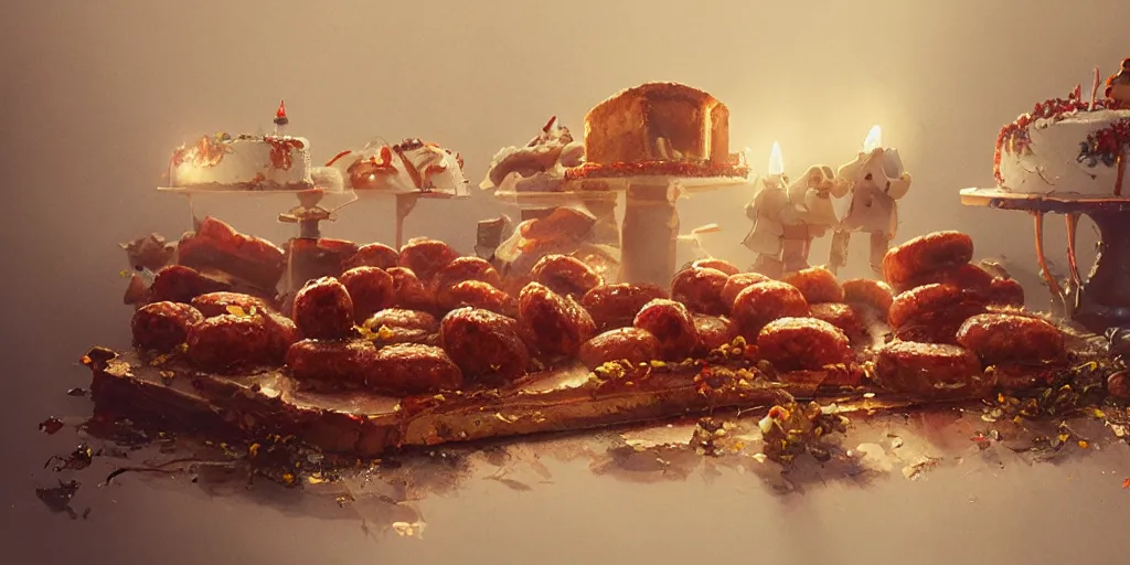 Prompt: Intricate detailed illustration, birthday cake decorated with sausages, cinematic lighting, by Sparth and Greg Rutkowski, wide angle, volumetric light scattering, 8k, artstation, concept art,