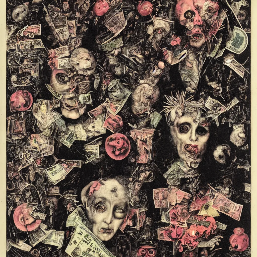 Image similar to post - punk new age album cover, asymmetrical design, dollar bank notes, capitalism, magic, apocalypse, psychedelic, black white pink, magic, giger h. r., giuseppe arcimboldo