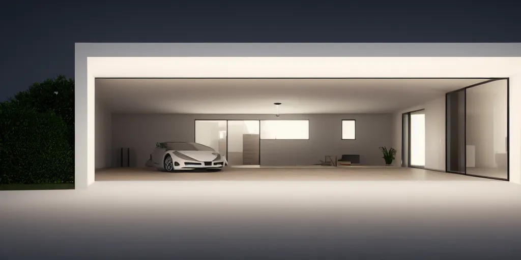 Prompt: A beautiful realistic architectural rendering of a modern minimalistic house with a mysterious glow emitting from inside and a garage with a car in it, by octane render and corona render