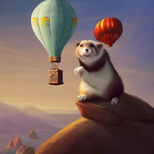 Image similar to a ferret standing on top of a rock in front of a hot air balloon, a digital painting by andrei kolkoutine, deviantart contest winner, fantasy art, storybook illustration, 2 d game art, digital illustration