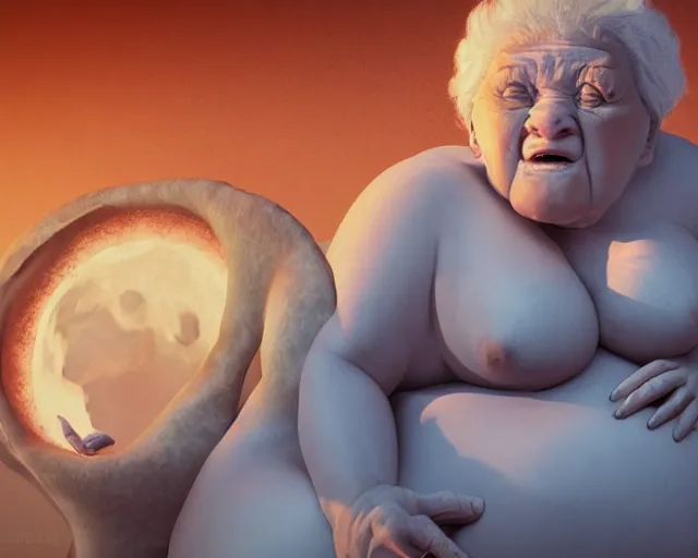 Image similar to of a very beautiful scene. ambient occlusion render. a sweet fat old woman is giving birth to the moon. hyper realistic. 4 k. wide angle. wild. symmetrical face, red mouth, blue eyes. deep focus, lovely scene. ambient occlusion render. concept art. unreal engine.