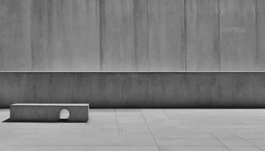 Prompt: a concrete bench sitting in front of a building, a raytraced image by David Chipperfield, unsplash, brutalism, constructivism, dynamic composition, high dynamic range