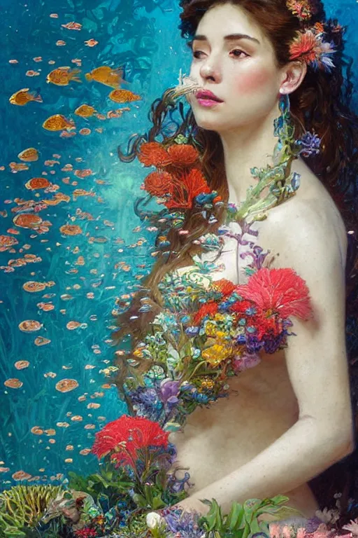 Image similar to portrait of a beautiful mysterious woman holding a bouquet of flowing flowers, small bubbles from her mouth, hands hidden under the bouquet, submerged underwater filled with colorful small fish and coral reef, fantasy, regal, intricate, by stanley artgerm lau, greg rutkowski, thomas kindkade, alphonse mucha, loish, norman rockwell